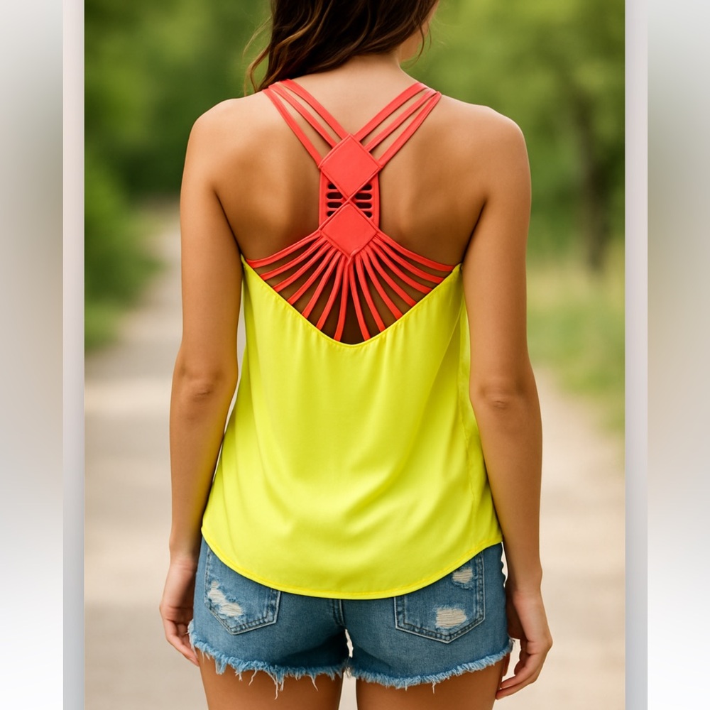 Women’s New Neon Yellow and Coral Strappy Back Women Top